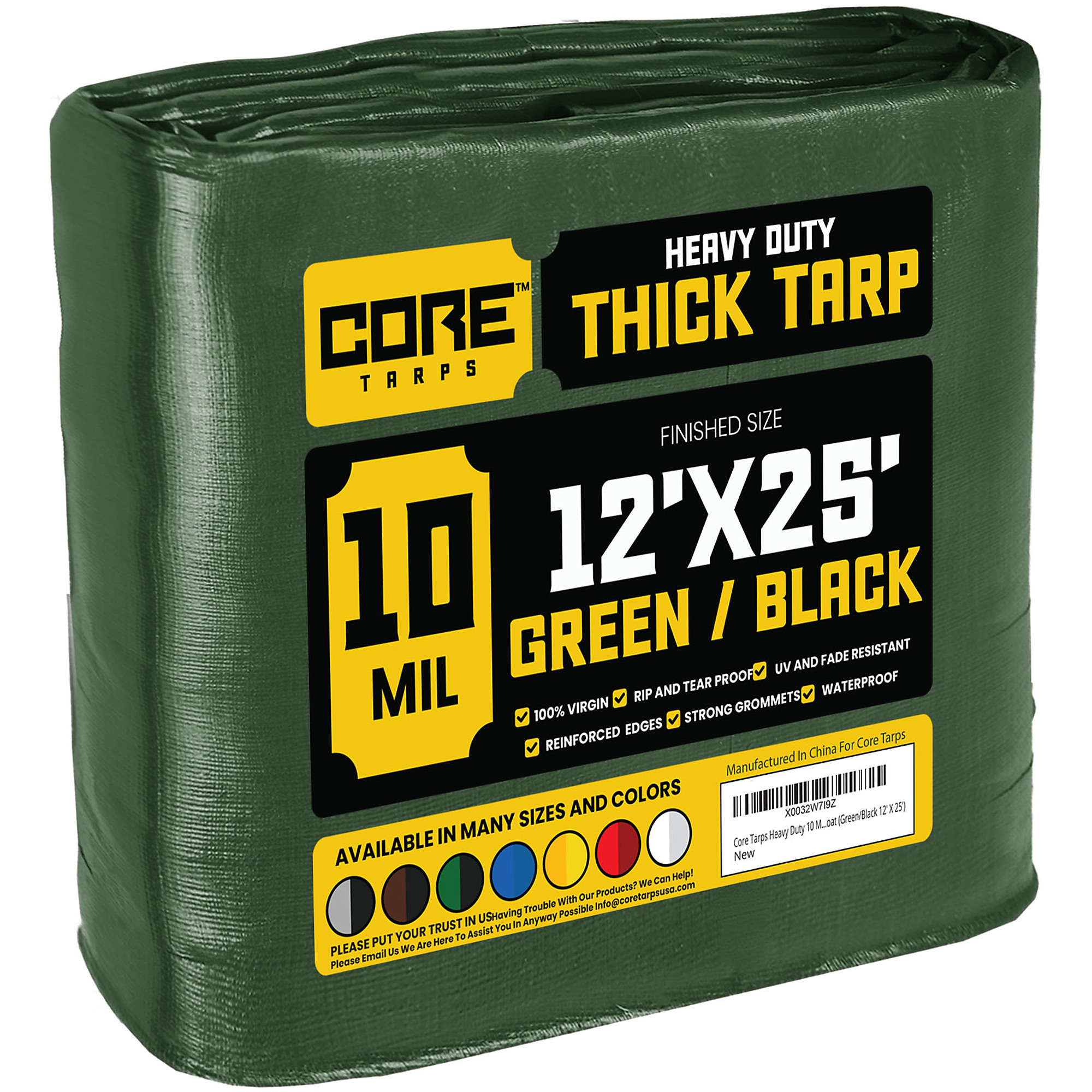 Core Tarps Heavy Duty Tarp Cover — 12ft. x 25ft., 10 Mil, Waterproof, UV Resistant, Rip and Tear Proof, Green/Black, Model# CT-603-12X25